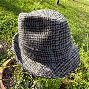 Churchill Ltd Fedora Hat Men Size M Houndstooth Blue Windowpane Cashmere Vintage